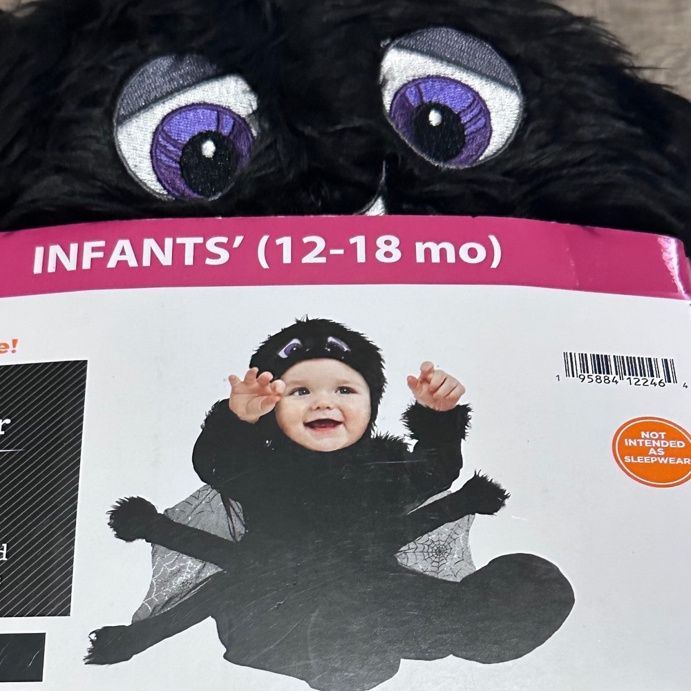 Infant Spider Costume Black Fuzzy Hooded Jumpsuit 12-18 Months Halloween NWT